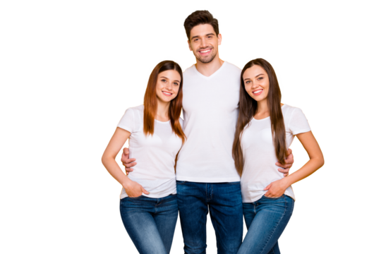 Portrait of charming fellows looking at camera with beaming smile wearing white t-shirt denim jeans isolated over yellow background