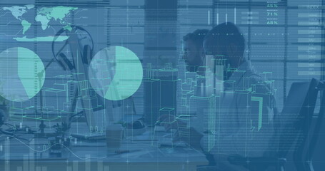Image of financial data processing over business people walking in office