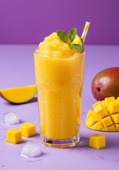 A vibrant mango slush with a mint garnish, surrounded by fresh mango on a purple background
