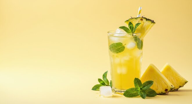 A tropical pineapple and mint cooler on a yellow background with copy space
