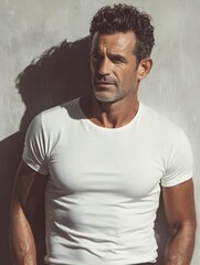 Obraz premium Handsome mature man with a white shirt poses thoughtfully against a textured wall with natural sunlight .