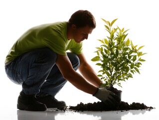 A young man in jeans and a green shirt squats to plant a small tree in the ground against white backdrop.