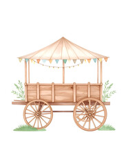 A charming watercolor illustration of a festive wooden market cart with a tented roof, adorned with colorful garlands and surrounded by green foliage