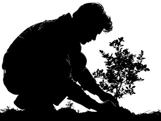 Fototapeta premium Silhouette of a person planting a small tree in the soil outdoors representing growth and environmental care.