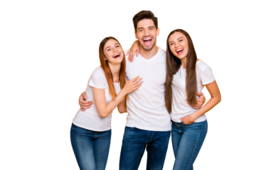 Portrait of cheerful buddies with long ginger foxy hair have fun laugh wear white t-shirt denim jeans isolated over yellow background