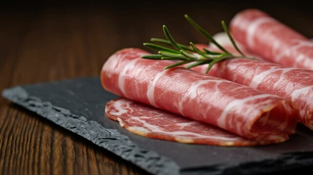 Close up of rolled cured meat with rosemary garnish on a black slate serving board on dark wood