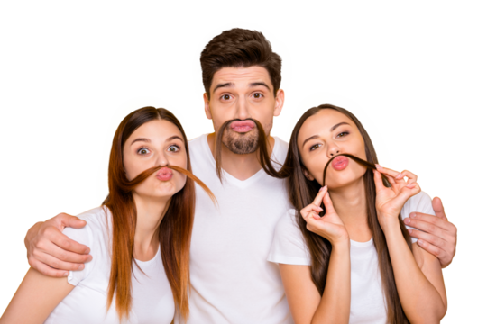 Portrait of cheerful three people with long hairstyle fooling having lips pouted plump wearing white t-shirt isolated over yellow background - Powered by Adobe