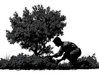 A gardener kneels tending to the bushes and greenery around a healthy tree in monochrome illustration.