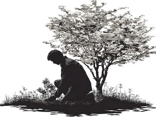 Silhouette of a man crouching near a small tree surrounded by grass in a peaceful outdoor setting.