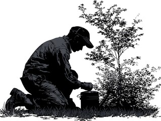 A male gardener wea a cap is planting a young tree in a field on a bright sunny day with detail.