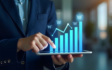 A person holding a tablet displaying a digital bar graph with shopping cart icons, representing e-commerce data analysis and online sales growth in a modern business environment. High quality