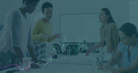 Image of graphs over diverse businesspeople in office