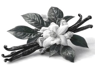 Artistic rende of vanilla beans and flowers with leaves in grayscale tones on a white background.