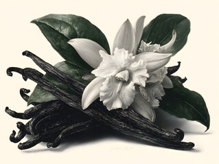 Vanilla beans and aromatic flower arrangement with leaves creates an organic and inviting presentation.