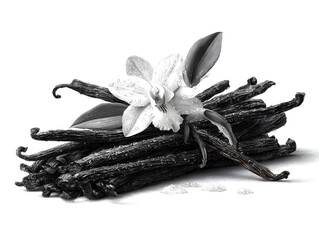 Monochrome image showcases fresh vanilla beans arranged artfully with a delicate vanilla blossom bloom close-up.