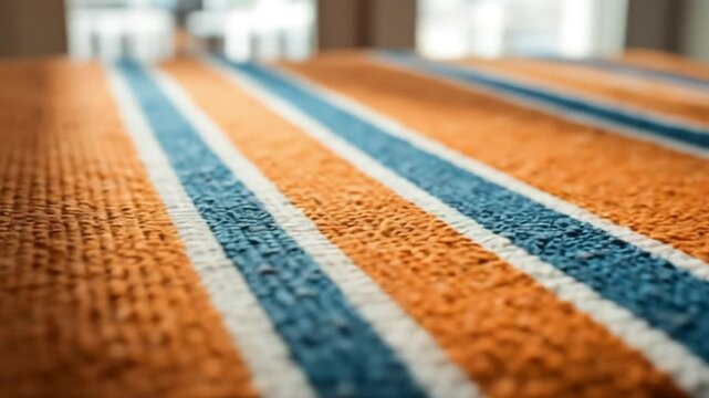 Close up view of an orange fabric with blue and white stripes on the surface in a blurred background