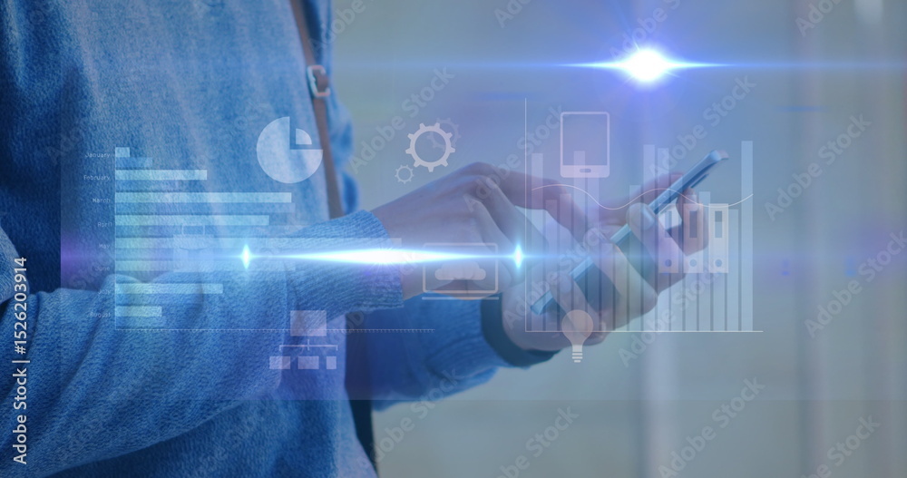Poster image of flare with graphs and computer icons over midsection of man using smartphone