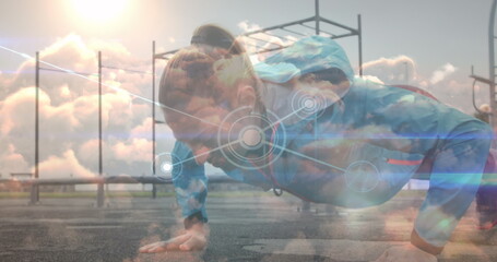 Image of network lines connecting dots, caucasian woman doing pushups at park