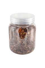 Granola in a glass jar isolated on a white background
