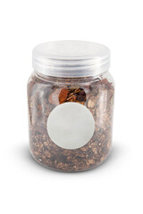 Granola in a glass jar isolated on a white background