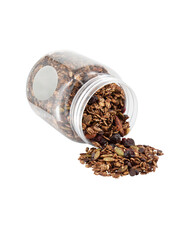 Granola in a glass jar isolated on a white background