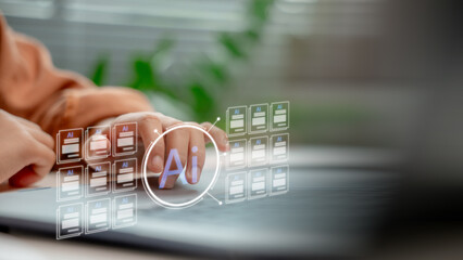 Hand uses an AI-powered system on the laptop to generate digital documents automatically, representing artificial intelligence, automation, smart content creation, and modern business tools.