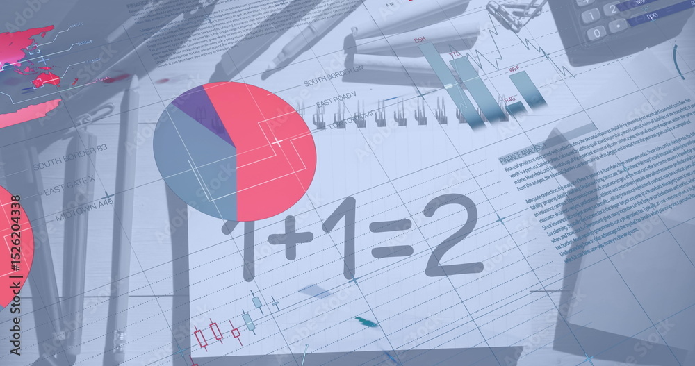Poster image of infographic interface over numbers on notepad with stationery on table