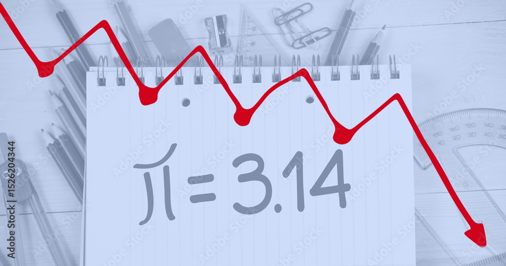 Poster image of red line graph downgrading and notebook with pie formula and stationery on table