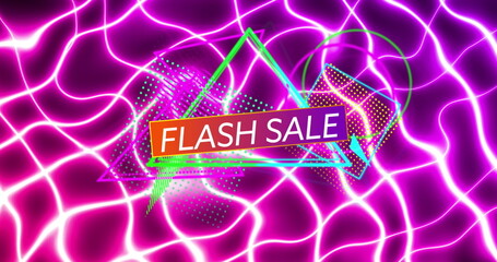Image of flash sale over triangles and purple wavy background