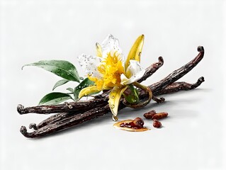 A vibrant vanilla flower with brown vanilla beans and leaves is artfully displayed on a bright white background.