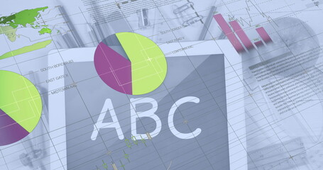 Image of infographic interface over digital tablet screen with abc text and stationery on table