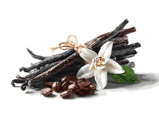 Aromatic vanilla beans are bundled with twine next to a coffee beans and an orchid flower on white surface.