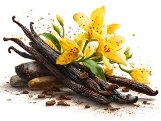 Aromatic vanilla beans are adorned with vibrant yellow flowers and scattered coffee beans on a white backdrop.