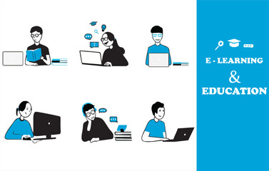 High resolution E learning and education set of vector illustration icons with white background.