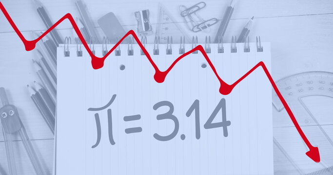 Image of red line graph downgrading and notebook with pie formula and stationery on table