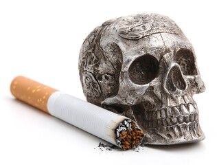 An ashtray cigarette rests near a skull symbolizing the deadly consequences of smoking and nicotine addiction.