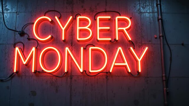 Bright red neon cyber monday sign glowing on grungy urban wall. Concept of digital marketing and consumerism - Powered by Adobe
