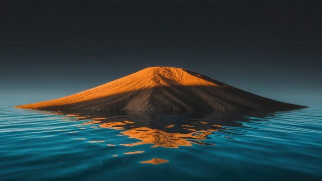 Surreal island emerging from tranquil blue sea under dramatic dark sky
