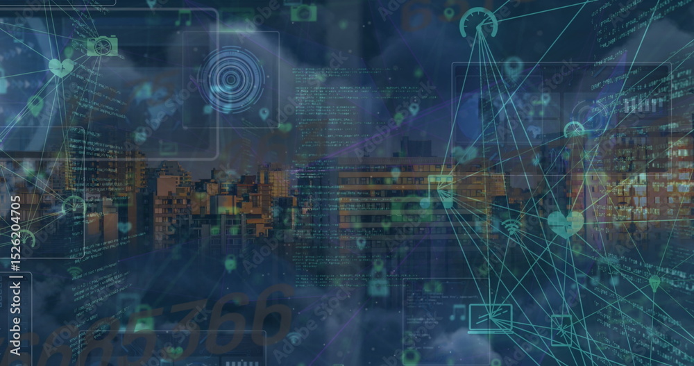 Poster image of network of connections with icons over data processing