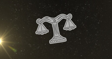 Image of weight scale of libra zodiac sign over star field sky and illuminated flare