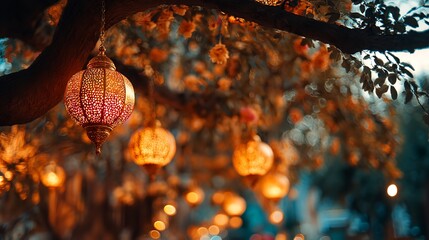 Obraz premium Golden lanterns illuminate a festive outdoor gathering casting a warm magical glow amongst friends under an evening sky