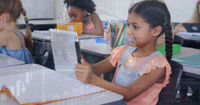 Image of multiracial girl using tablet with students in classroom over globe and graphs