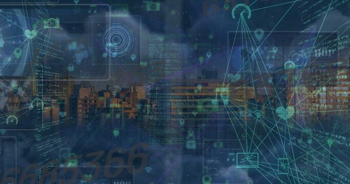 Image of network of connections with icons over data processing