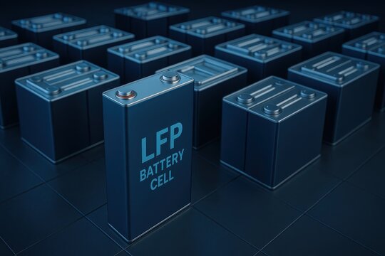 Dark Blue LFP Battery Cells in a Grid Pattern on Dark Surface