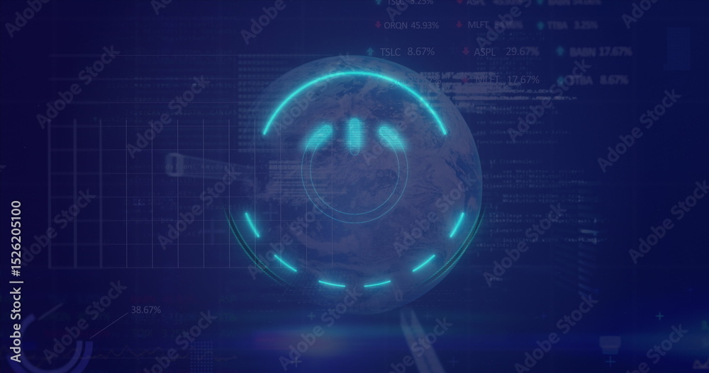Poster image of processing circle with power button over digital screen with globe and financial data