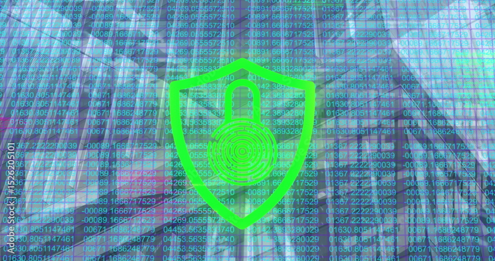 Poster image of padlock and data processing over cityscape and computer servers