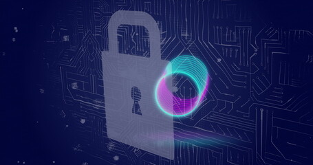 Image of neon circles over integrated circuit and digital padlock