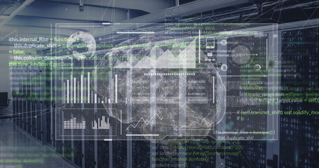 Image of digital screen with brain and data processing over servers