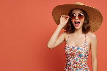 Excited woman in straw hat and sunglasses on orange background, ideal for summer style campaigns and travel lifestyle content