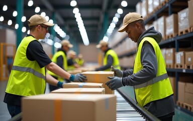 Team of Young Workers Organizing Parcels on a Conveyor in a Busy Warehouse, Ensuring Online Orders Reach Customer Delivery Without Delay. Employees in Safety Vests and Caps Handle Packages at Work